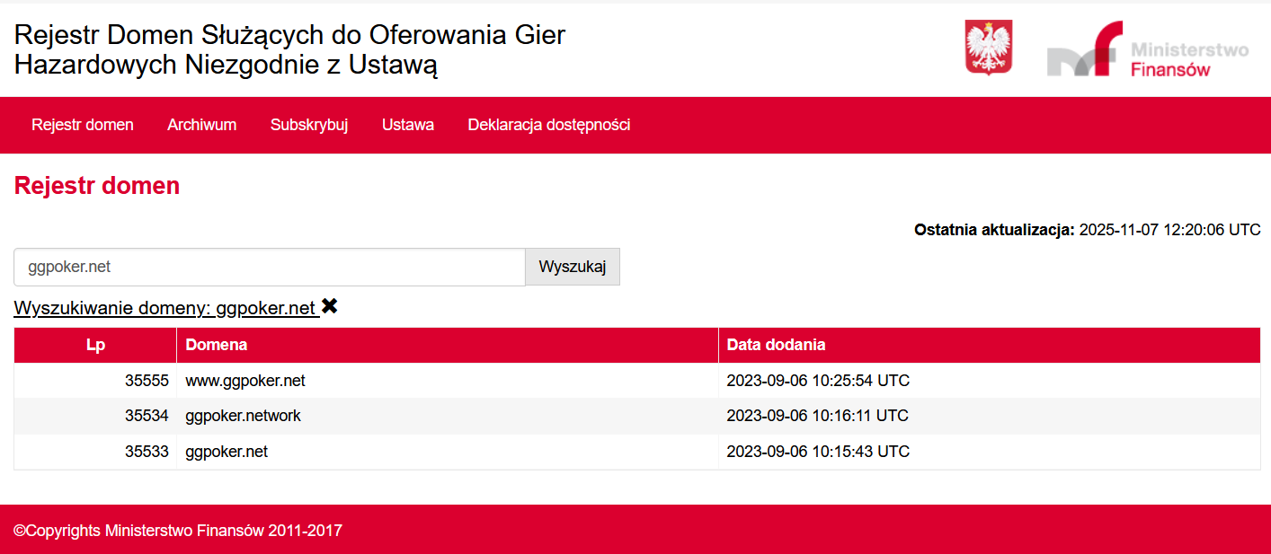 Zrzut ekranu z witryny Rejestru Domen Służących do Oferowania Gier Hazardowych Niezgodnie z Ustawą.