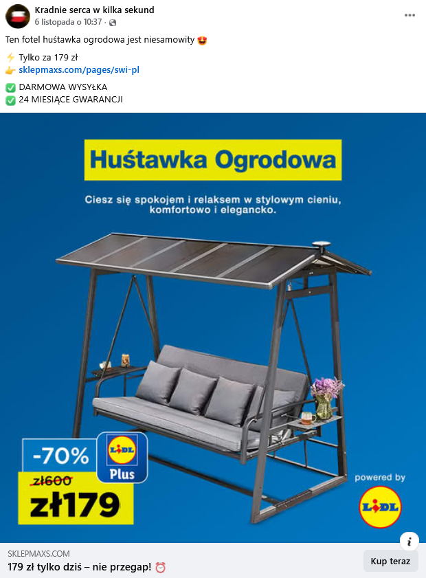 Zrzut ekranu wpisu na Facebooku. Na górze podpis i elementy interfejsu platformy, na dole grafika z ceną, zdjęciem huśtawki i logotypami Lidla.