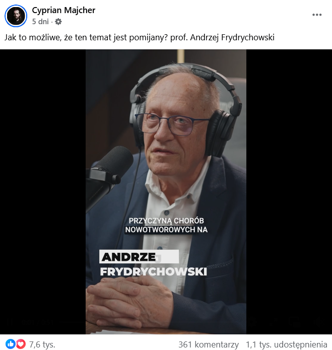 Zrzut ekranu wpisu z Facebooka. Na górze podpis i elementy interfejsu platformy, na dole klatka z nagrania, przedstawiająca prof. Andrzeja Frydrychowskiego