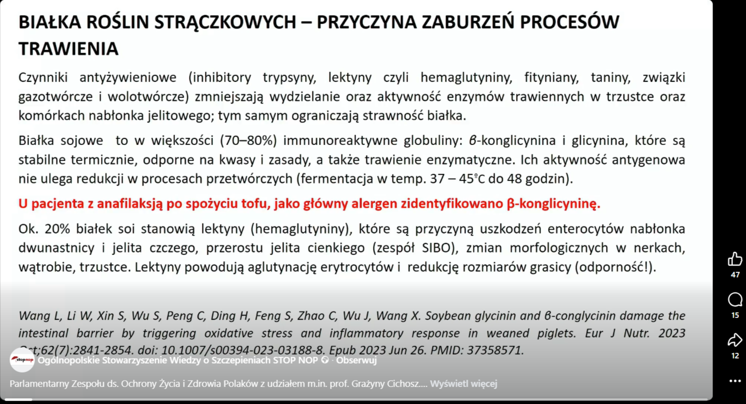 Zrzut ekranu z nagrania udostępnionego na profilu Ogólnopolskiego Stowarzyszenia Wiedzy o Szczepieniach STOP NOP – widoczny slajd z prezentacji prof. Cichosz pt. „Białka roślin strączkowych – przyczyna zaburzeń procesów trawienia”.