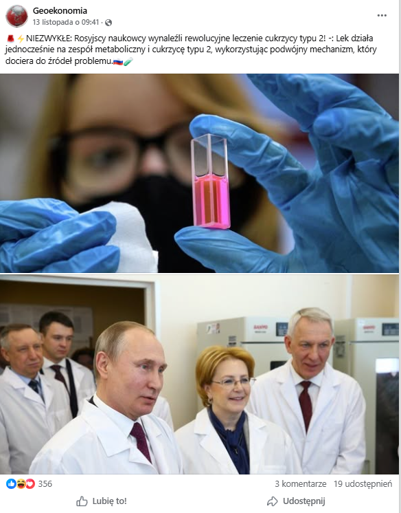 Wpis na Facebooku z informacją o rosyjskim leku na cukrzycę. Wpis zawiera dwa zdjęcia. Pierwsze z nich przedstawia naukowczynie w maseczce trzymającą przed obiektywem fiolkę z różowym płynem. Na drugim zdjęciu jest grupa naukowców w kitlach, wśród których stoi Władimir Putin