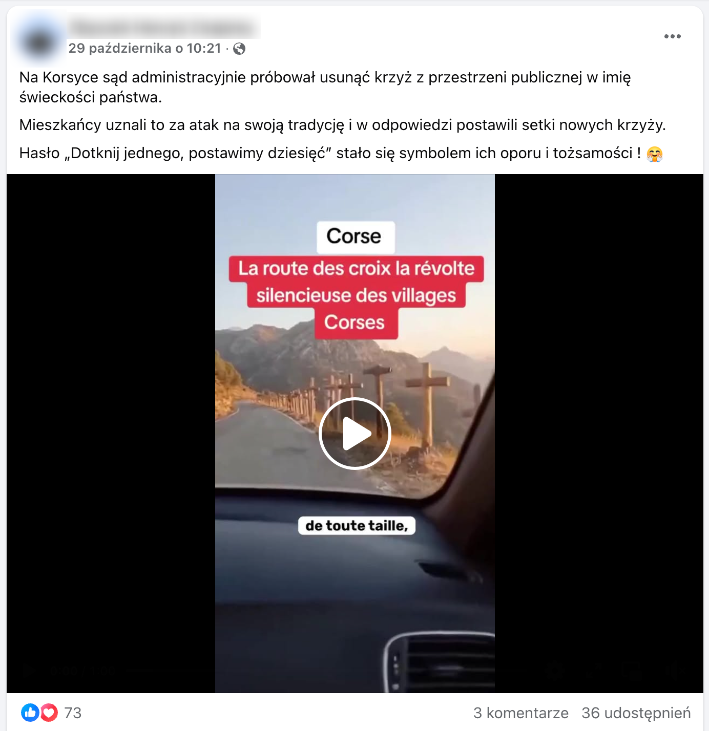 Zrzut ekranu jednego z postów opublikowanych na Facebooku. W kadrze filmu znajduje się malowniczy krajobraz gór na Korsyce.