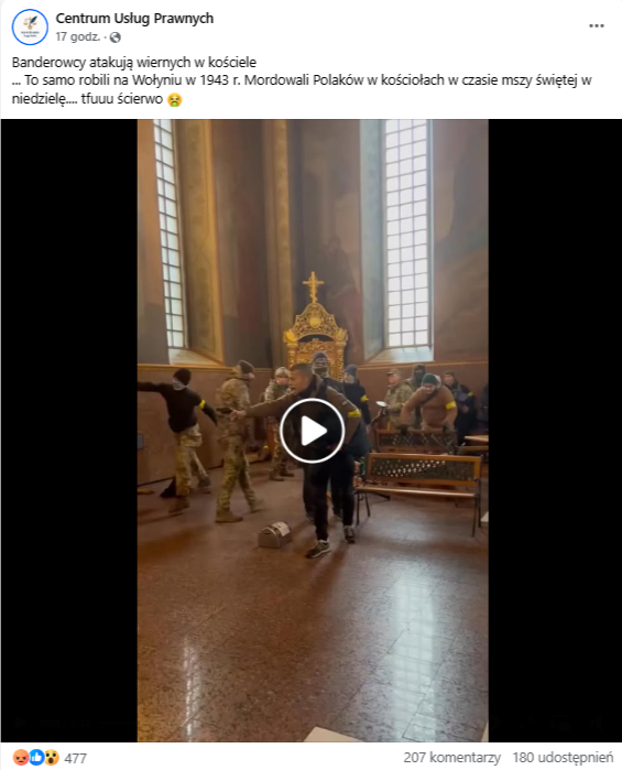 Wpis na Facebooku z filmem, na którym widać wnętrze kościoła, do którego weszła grupa zamaskowanych mężczyzn