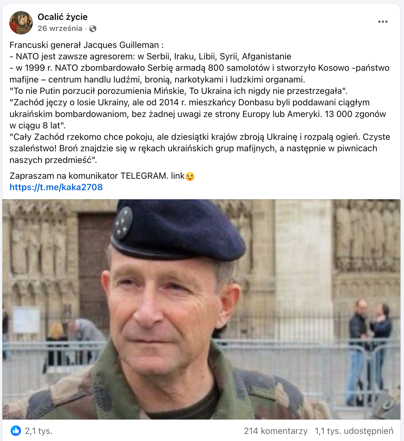 Zrzut ekranu omawianego posta. Na dołączonym zdjęciu zbliżenie na twarz generała Pierre’a de Villiersa: mężczyzny w mundurze polowym i czarnym berecie.