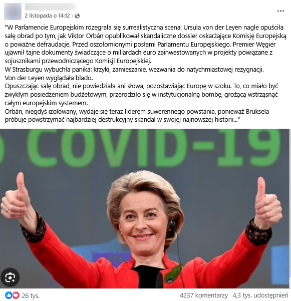Zrzut ekranu wpisu z Facebooka. Na górze podpis i elementy interfejsu platformy, na dole zdjęcie przedstawiające Ursulę von der Leyen.
