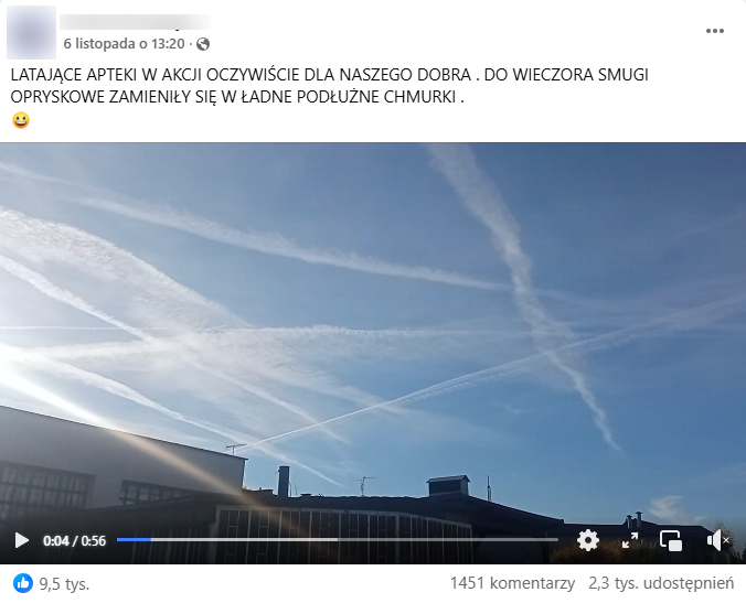 Zrzut ekranu z platformy Facebook, gdzie widzimy nagranie smug kondensacyjnych na niebie. 
