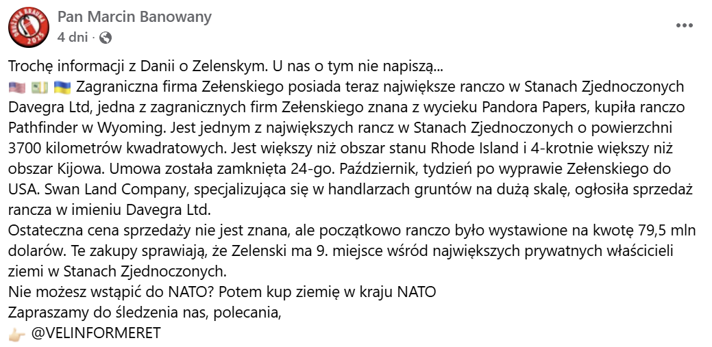 Wpis z Facebooka, w którym można przeczytać o rzekomym kupnie rancza przez Zełenskiego.