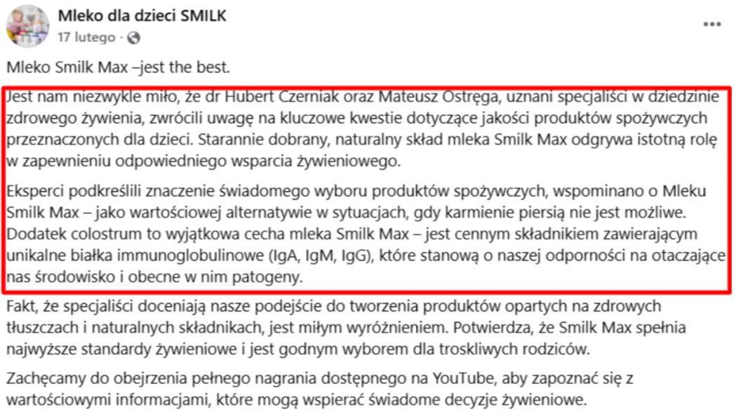 Zrzut ekranu wpisu z Facebooka. Czerwony prostokąt oznacza dwa z akapitów wpisu.