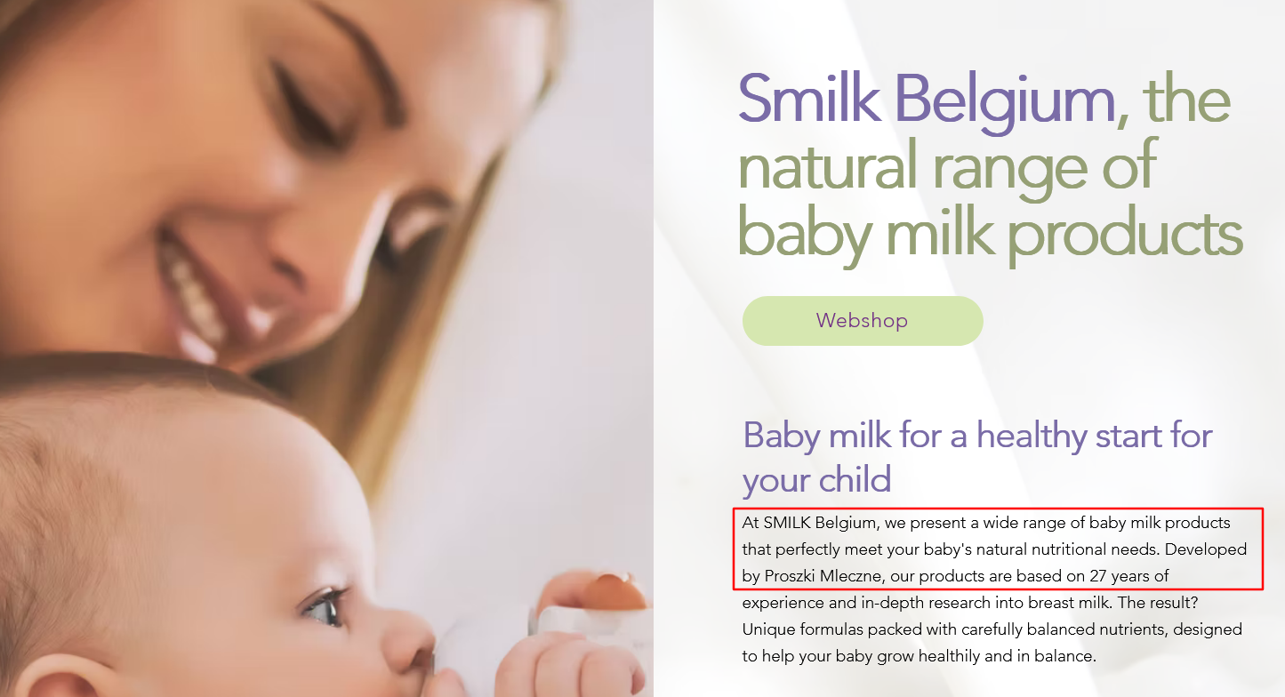 Zrzut ekranu ze strony smilk.be. Z prawej grafika przedstawiająca matkę karmiącą dziecko butelką, z prawej – podpis. Czerwony kwadrat wyróżnia fragment podpisu.