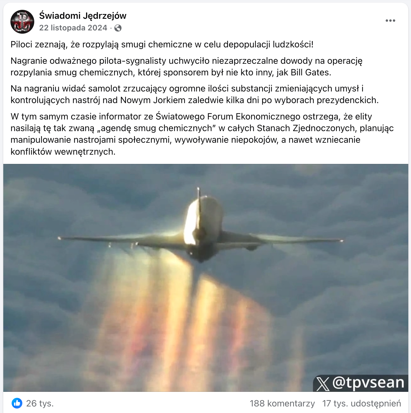 Zrzut ekranu posta na Facebooku. Na dołączonym zdjęciu widać lecący samolot. Za nim ciągną się jasne, żółte smugi.