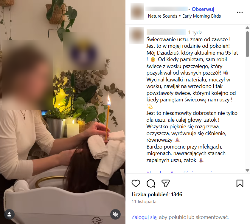 Zrzut ekranu z platformy Instagram, gdzie pojawia się proces tzw. świecowania uszu. Na grafice widzimy dwie kobiety, z czego jedna ma przyłożoną do ucha świecę. 
