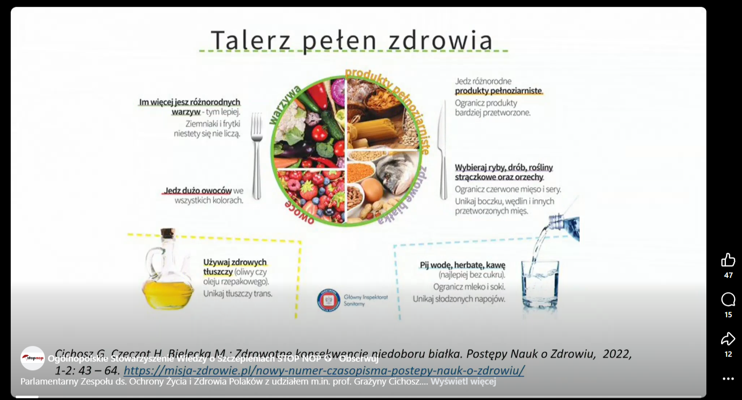 Zrzut ekranu z nagrania udostępnionego na profilu Ogólnopolskiego Stowarzyszenia Wiedzy o Szczepieniach STOP NOP – widoczny slajd z prezentacji prof. Cichosz z „talerzem pełnym zdrowia”, opracowanym przez GIS.