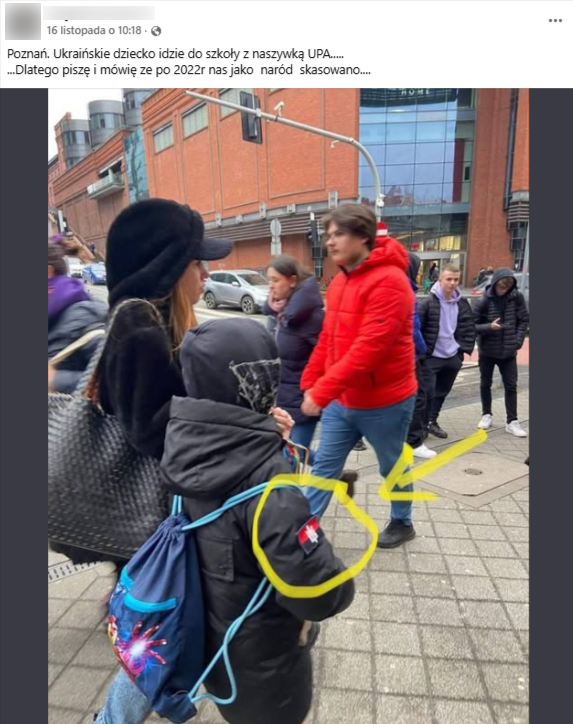 Zrzut ekranu z platformy Facebook, gdzie pojawia się tłum ludzi. Na pierwszym planie widzimy dziecko idące za rękę z kobietą. Dziecko ma na kurtce naszywkę z logiem UPA. 