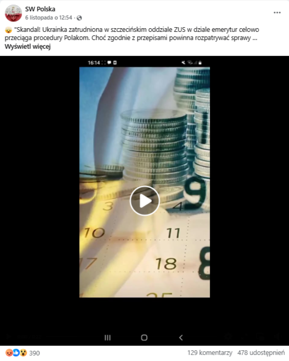 Wpis na Facebooku z informacją o Ukraince zatrudnionej w ZUS w Szczecinie negatywnie odnoszącej się do Polaków