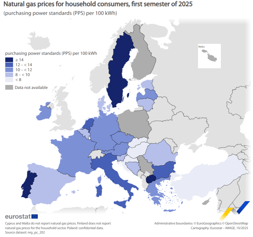 Mapa z cenami gazu dla gospodarstw domowych w pierwszej połowie 2025 roku.