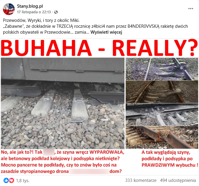 Zrzut ekranu z platformy Facebook, gdzie widzimy porównanie czterech zdjęć rozwalonych szyn kolejowych. Nad grafiką pojawia się prześmiewczy napis „Buhaha - really?”. 