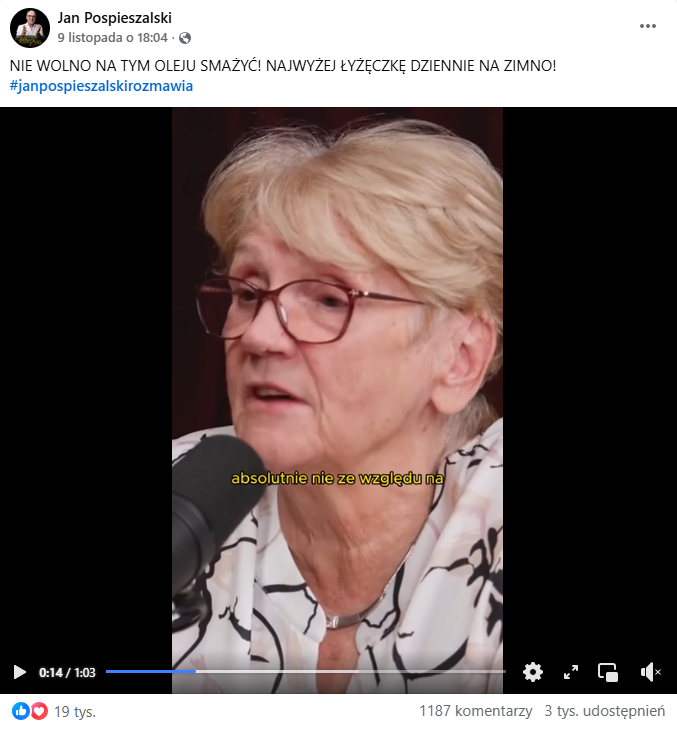 Zrzut ekranu z platformy Facebook, gdzie pojawia się prof. Grażyna Cichosz, która opowiada o właściwościach olejów roślinnych. 