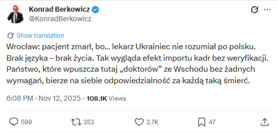 Grafika przedstawia zrzut ekranu z serwisu X.