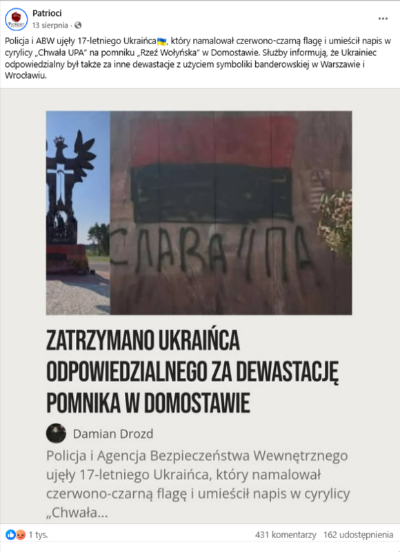 Grafika przedstawia zrzut ekranu z Facebooka.