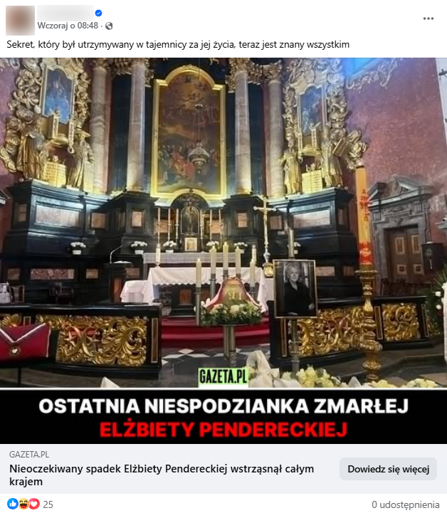 Zrzut ekranu z platformy Facebook, gdzie pojawia się zdjęcie z mszy pogrzebowej Elżbiety Pendereckiej oraz napis „ostatnia niespodzianka zmarłej Elżbiety Pendereckiej”.