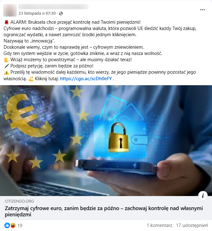 Wpis w serwisie Facebook z 23 listopada na temat cyfrowego euro.Dodano do niego link. Podgląd strony pokazuje osobę trzymającą smartfon i piszącą na laptopie. Widać symbol waluty euro, flagę UE oraz portfel i kłódkę.