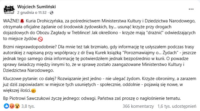 Wpis Wojciecha Sumlińskiego na Facebooku. Liczba reakcji wyniosła 3,8 tys., komentarzy – 366, a udostępnień – 1,6 tys.