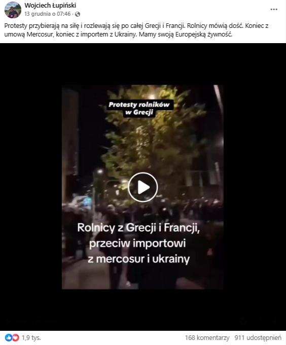 Wpis na Facebooku z nagraniem z protestów.