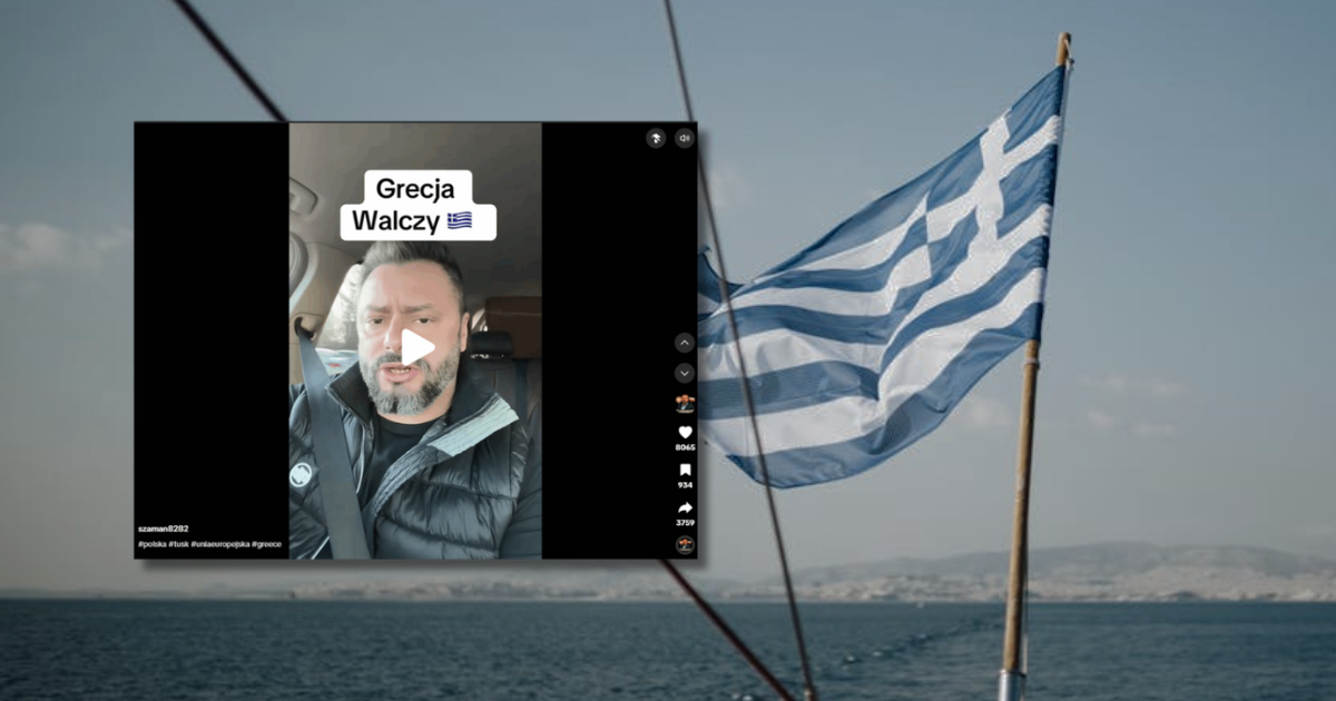w tle flaga Grecji, zrzut ekranu z TikToka