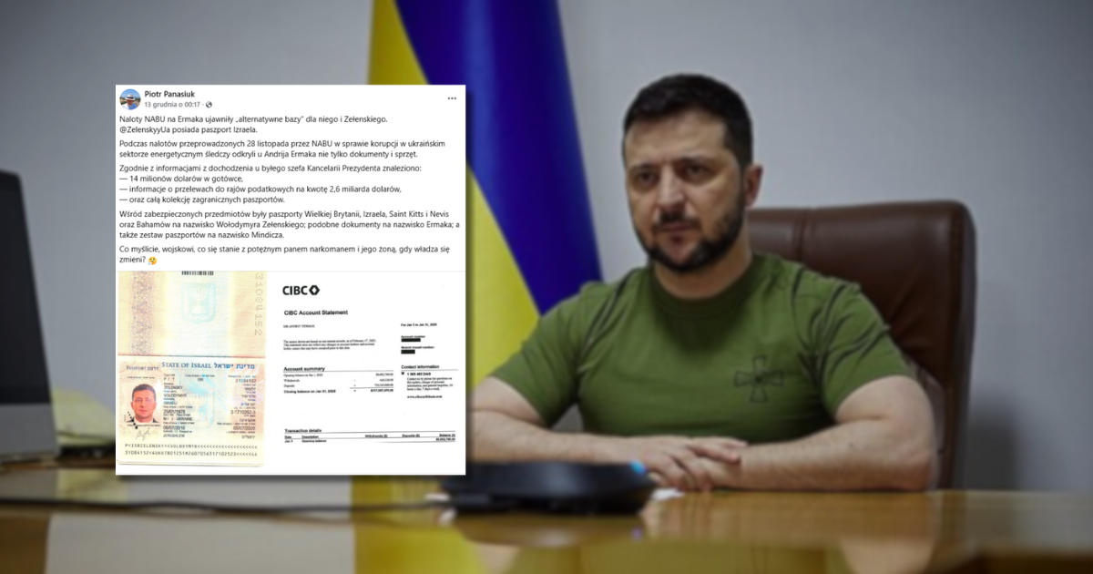 screen z Facebooka, w tle Zełenski