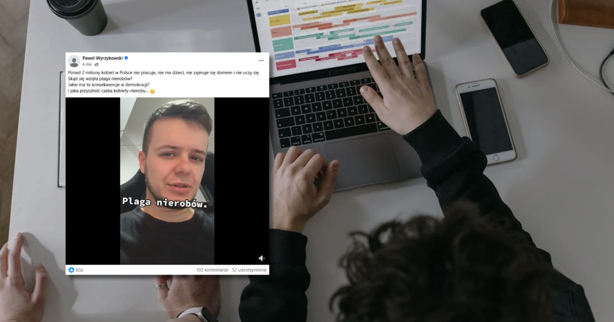 na grafice widzimy osoby korzystające z laptopa i zrzut ekranu z Facebooka
