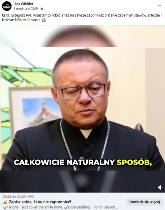 Zrzut ekranu wpisu na Facebooku, w którym wygenerowany kardynał miał reklamować działanie mieszanki ziół.