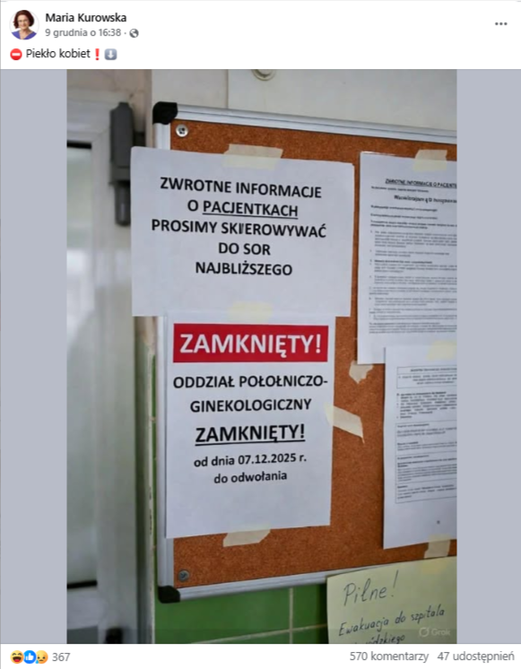 Wpis na Facebooku ze zdjęciem tablicy.