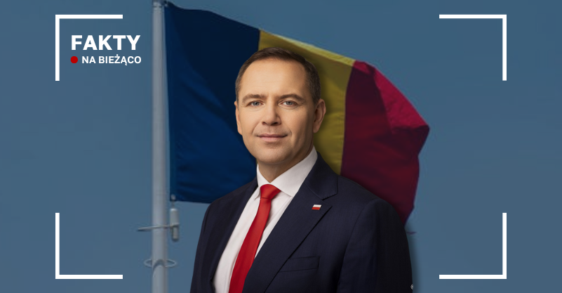 Grafika przedstawia Karola Nawrockiego na tle rumuńskiej flagi