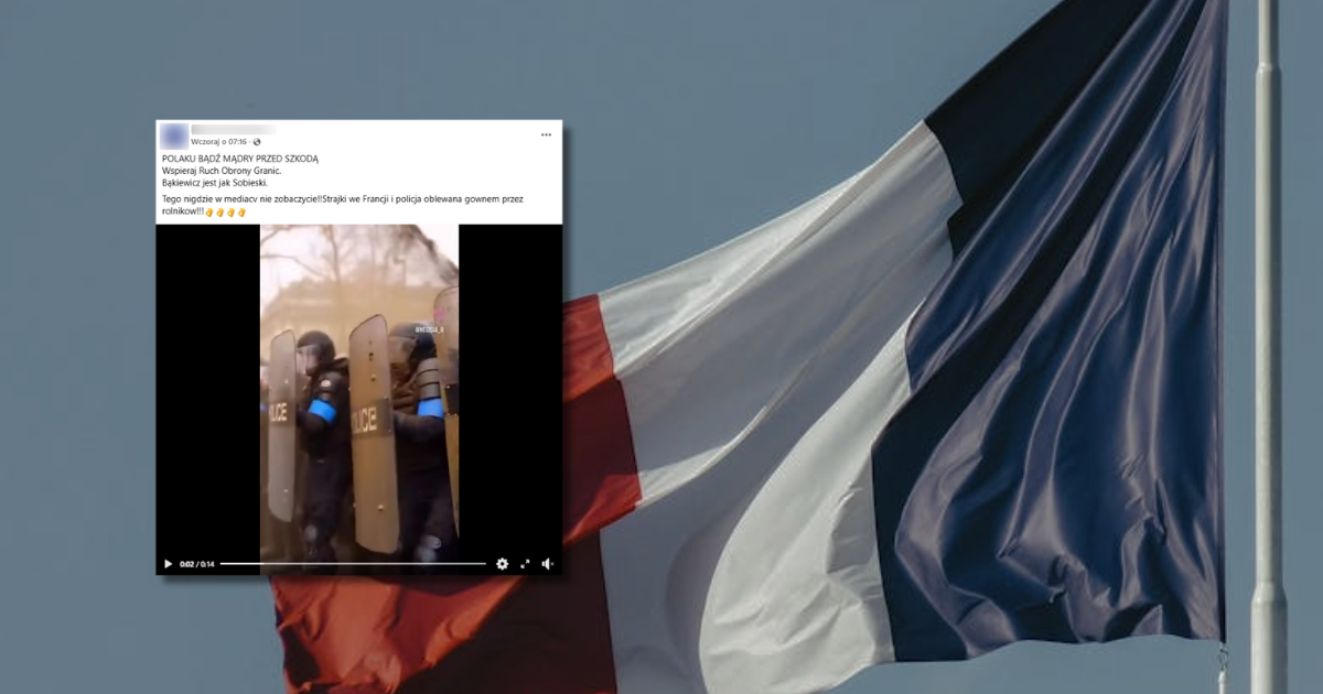 na grafice widzimy flagę Francji i zrzut ekranu z Facebooka