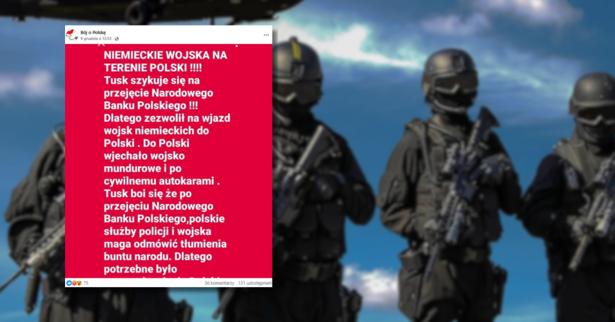screen z Facebooka, w tle żołnierze