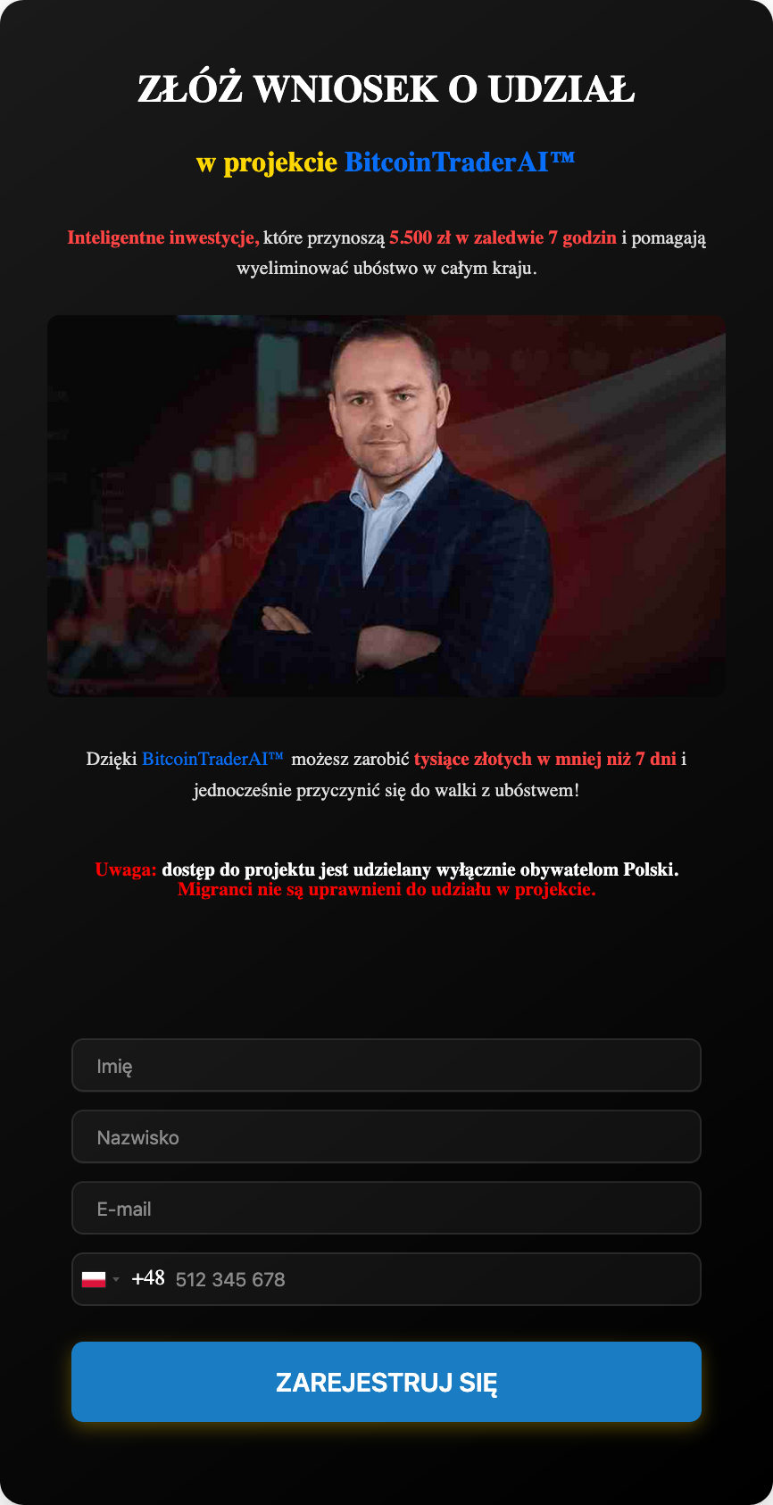 Zrzut ekranu przedstawiający stronę z wnioskiem do wypełniania. Na ciemnym tle widać zdjęcie Karola Nawrockiego. Pod nim znajduje się miejsce na wpisanie imienia, nazwiska, adresu e-mail oraz telefonu. Na samym dole widać przycisk „zarejestruj się”.