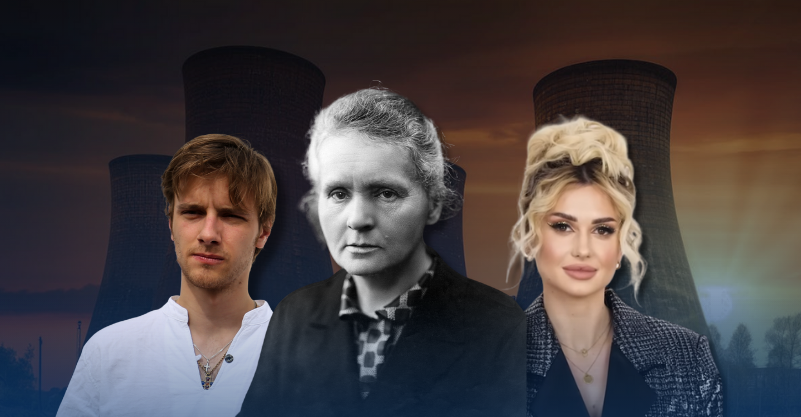 na grafice widzimy Marię Skłodowską-Curie, Wersow, Macieja Musiała, a w tle reaktory jądrowe