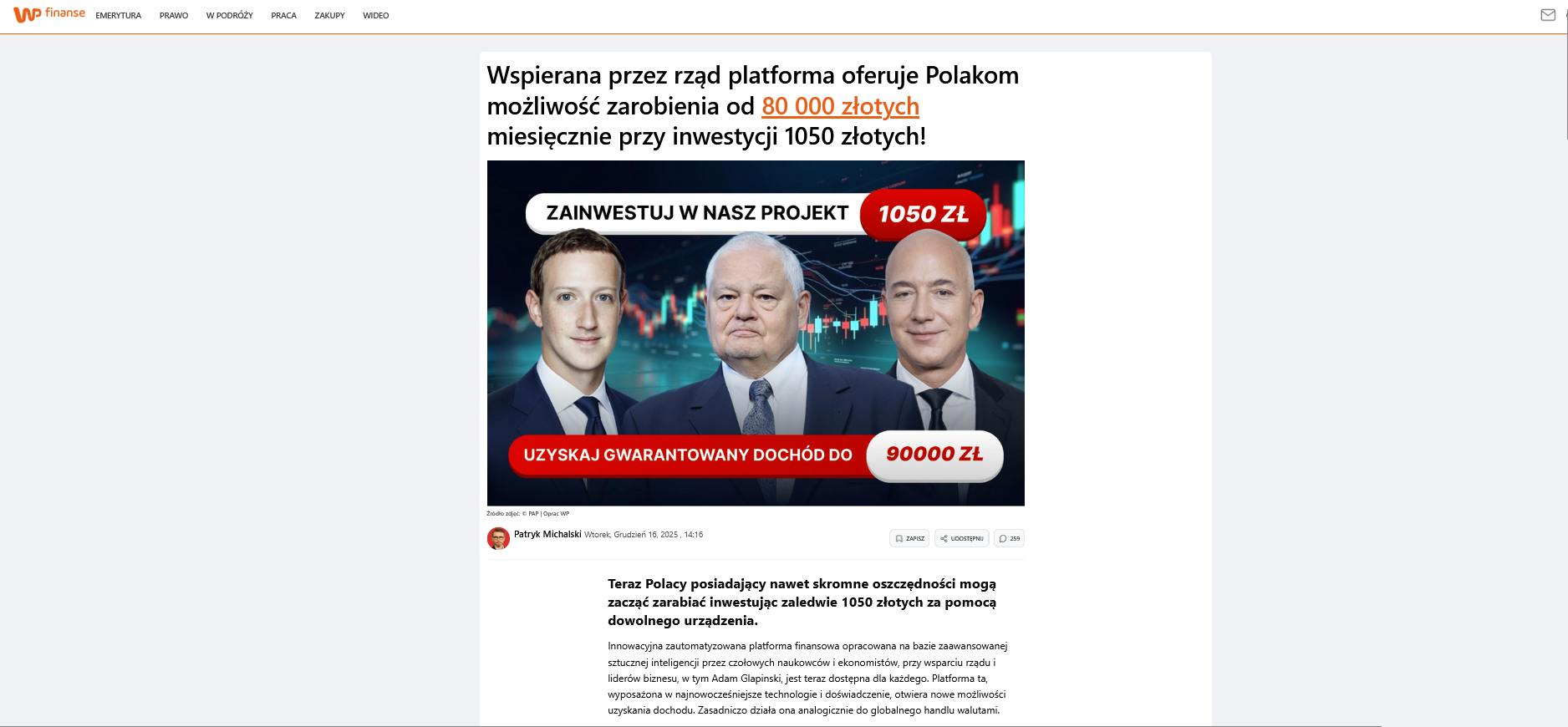 Zrzut ekranu ze strony imitującej artykuł z WP Finanse. Grafika przedstawiająca Glapińsiego, Marka Zuckerberga i Jeffa Bezosa oraz tekst.