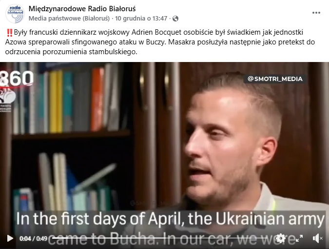 Zrzut ekranu z platformy Facebook, gdzie pojawia się kawałek wywiadu z mężczyzną twierdzącym, że masakra w Buczy była zorganizowana przez ukraiński oddział wojskowy Azow. 