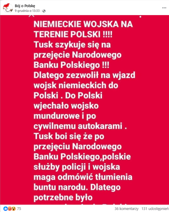 Wpis na Facebooku z informacją o niemieckim wojsku w Polsce