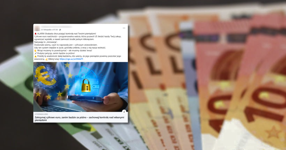 w tle banknoty Euro, zrzut ekranu z Facebooka
