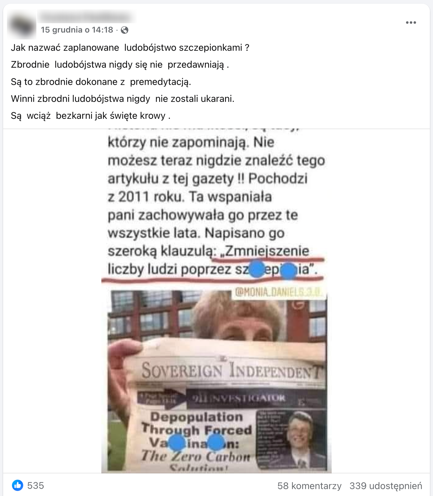 Zrzut ekranu posta na Facebooku. Dołączono do niego zdjęcie kobiety trzymającej gazetę „The Sovereign Independent” z nagłówkiem opisanym wcześniej.