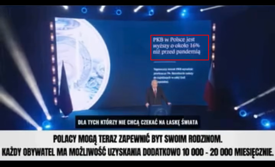 Klatka z nagrania przedstawiająca Adama Glapińskiego na scenie. Czerwony prostokąt zaznacza fragment slajdu za jego plecami.