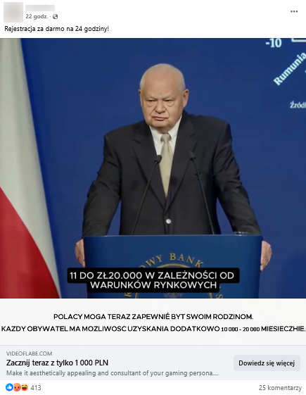 Zrzut ekranu wpisu z Facebooka. Na górze podpis i elementy interfejsu platformy, na dole klatka z nagrania przestawiająca Adama Glapińskiego w czarnym garniturze, stojącego przed podium w trakcie wystąpienia.