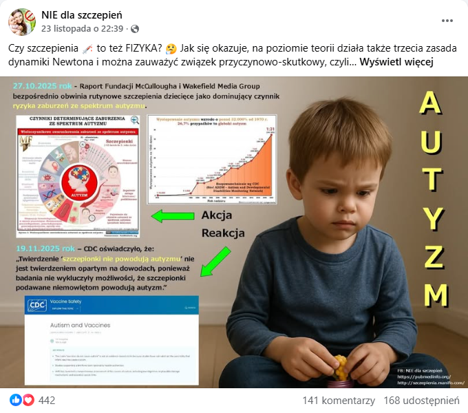 Wpis strony „NIE dla szczepień” w serwisie Facebook. Dołączono do niego grafikę z dzieckiem, słowem „autyzm” i zrzutami ekranu przedstawiającymi omawiany raport i oświadczenie.
