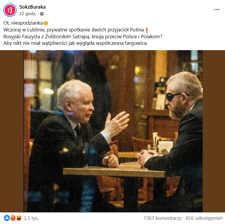 Zrzut ekranu z platformy Facebook, gdzie pojawia się grafika Jarosława Kaczyńskiego i Grzegorza Brauna, siedzących w restauracji.
