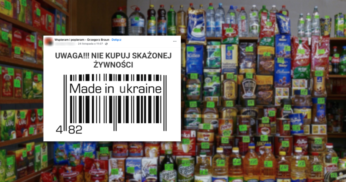 w tle produkty na sklepowych półkach, zrzut ekranu z Facebooka