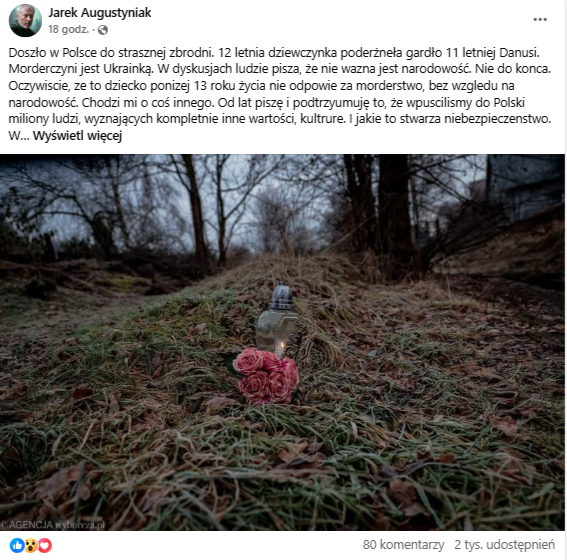 Wpis na Facebooku ze spekulacjami na temat narodowości sprawczyni morderstwa 111-latki.
