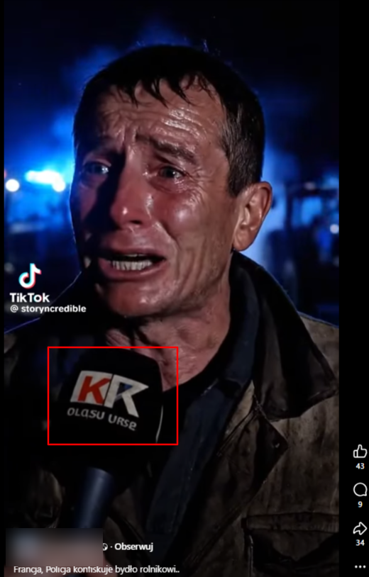 Rolka na Facebooku. W kadrze widzimy mikrofon z błędami w nazwie wygenerowanymi przez narzędzie AI