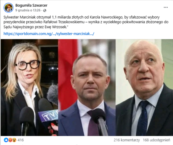 Wpis na Facebooku z informacją o fałszerstwie